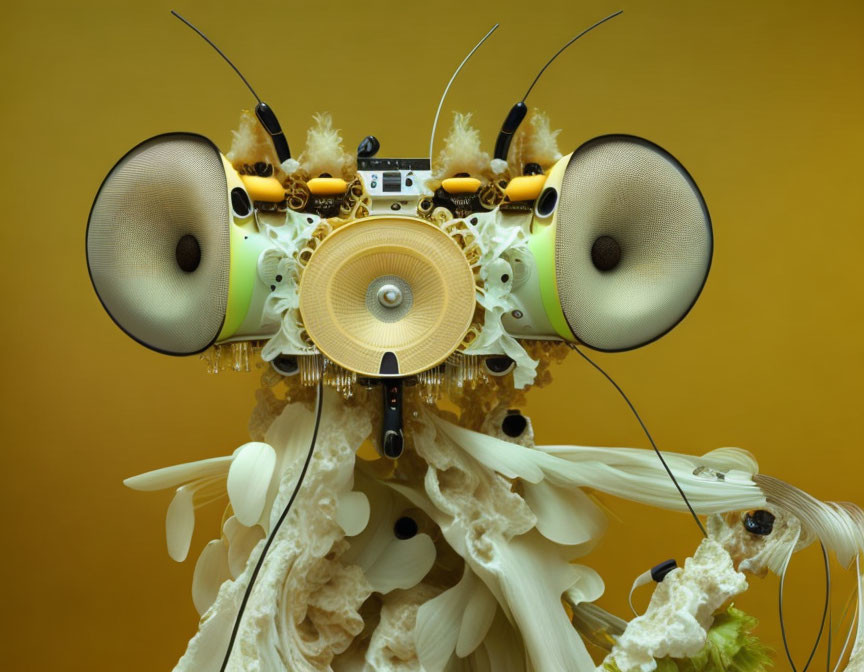 Colorful insect made of audio equipment on yellow background