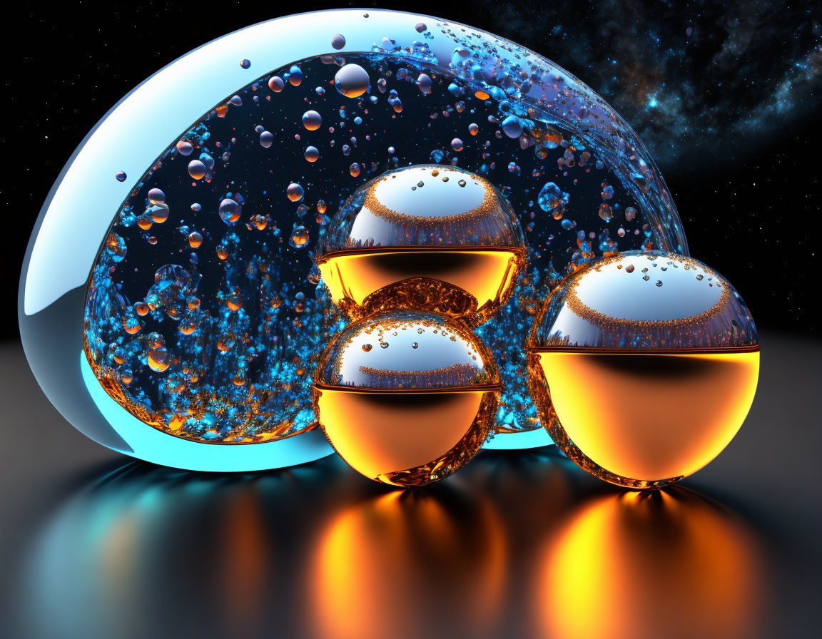 Shiny Metallic Spheres in Transparent Sphere with Bubbles on Cosmic Background