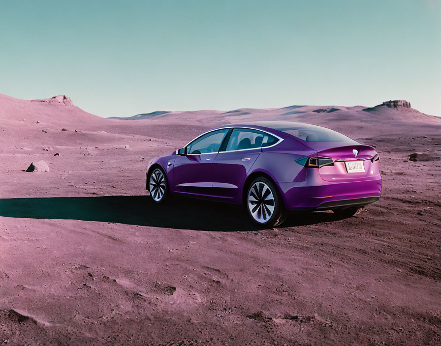 Purple Tesla Model 3 on Mars-like rocky terrain under blue sky