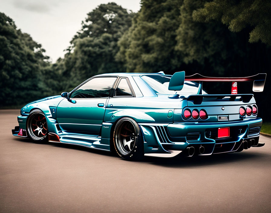 Blue Sports Car with Large Rear Wing and Body Kit Parked on Asphalt Road