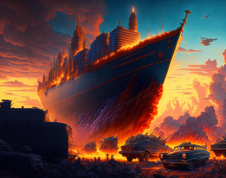 Gigantic airborne ship over dystopian scene with vintage cars and debris under orange sunset