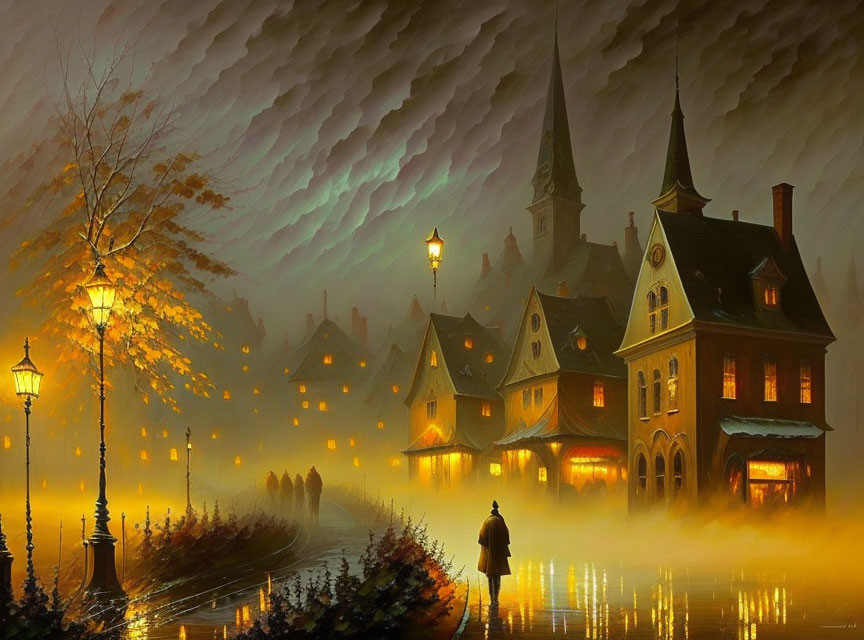 Vintage street lamps illuminate foggy scene with silhouettes of people walking near quaint houses under dramatic sky