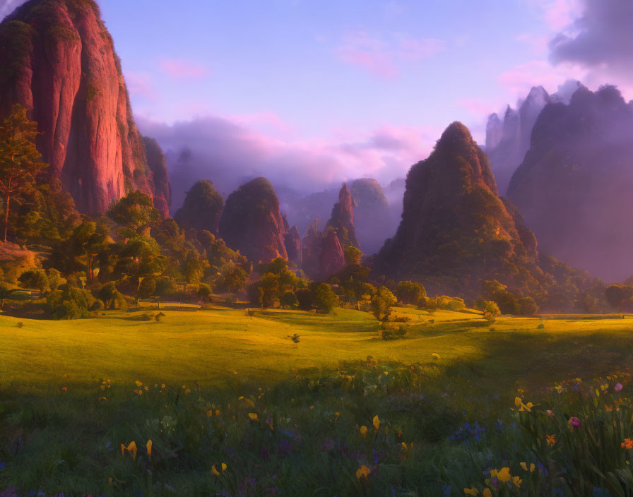 Tranquil landscape with green fields, flowers, misty mountains, and purple sunrise.