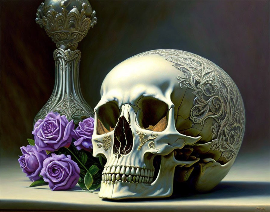 Realistic skull carving with purple roses and decorative vase