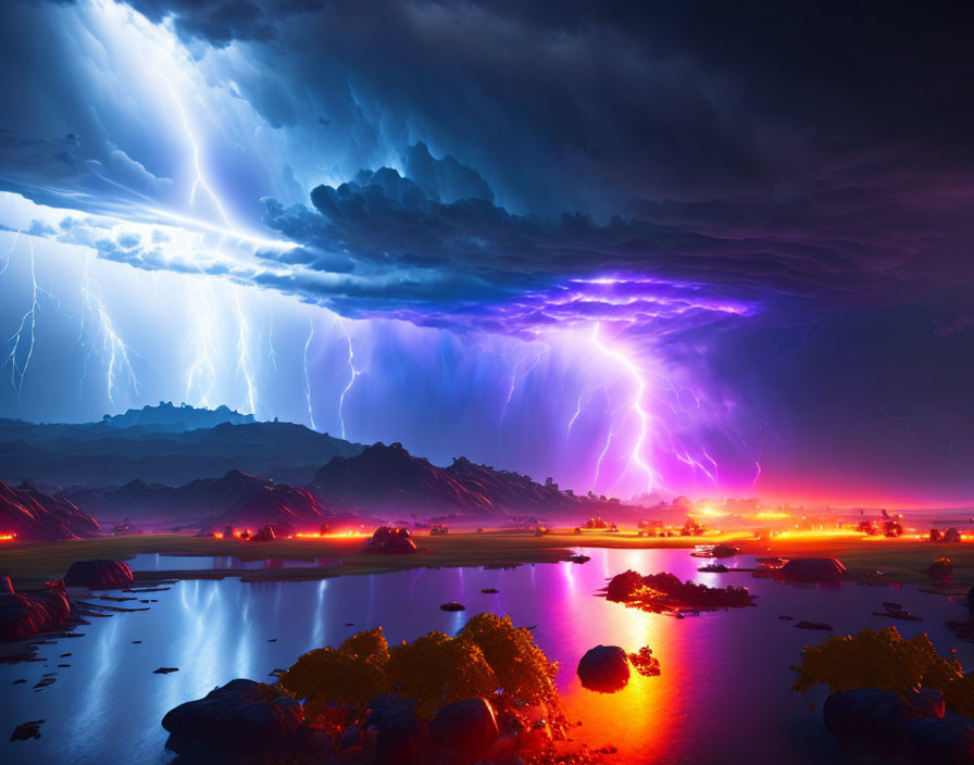 Vibrant thunderstorm with intense lightning strikes over tranquil landscape