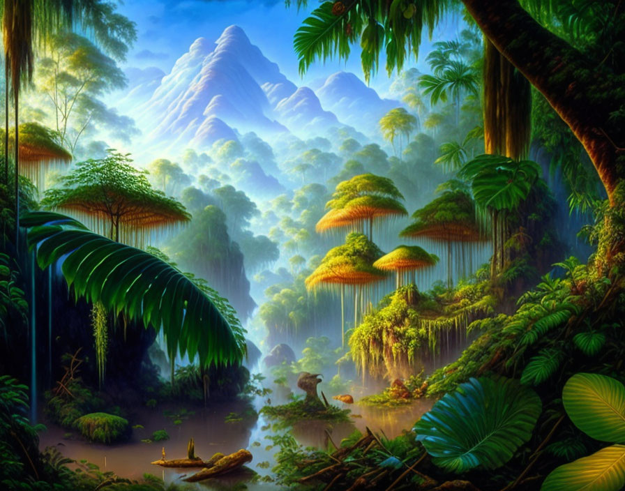 Lush jungle with towering trees and misty mountains beside a tranquil river