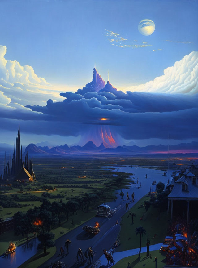 Fantasy landscape painting with futuristic city, volcano, commuters, and twilight sky.