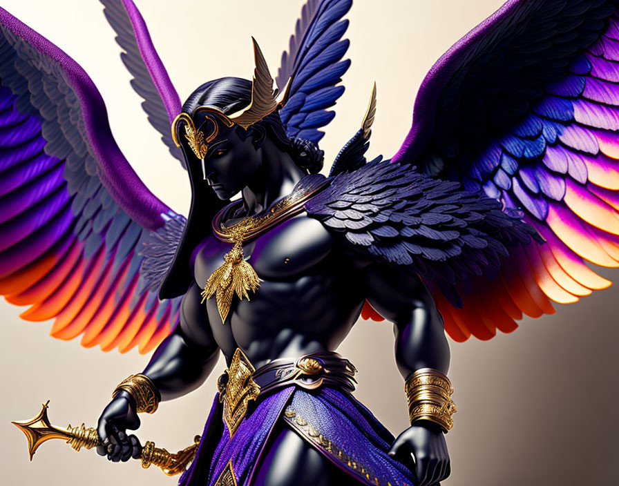 Warrior figurine with black armor, gold trim, purple gradient wings, and golden spear