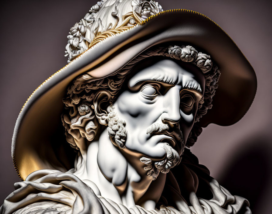 Detailed sculpture of person with elaborate hat and floral motifs