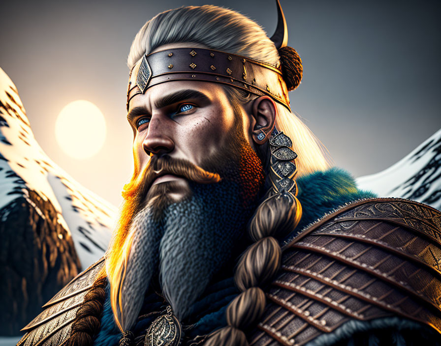 Viking warrior illustration in armor and helmet at sunset