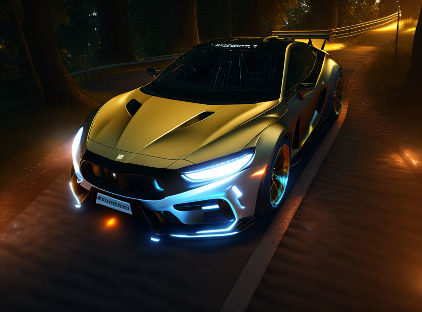 Modified sports car with glowing neon underlights in forest road dusk scene