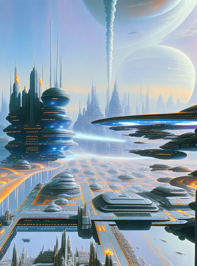 Futuristic cityscape with sleek skyscrapers and celestial backdrop