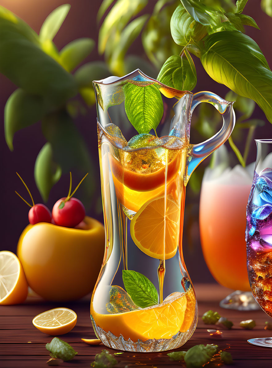 Refreshing iced tea pitcher with lemon and mint, colorful drinks, and fresh fruits on wood.