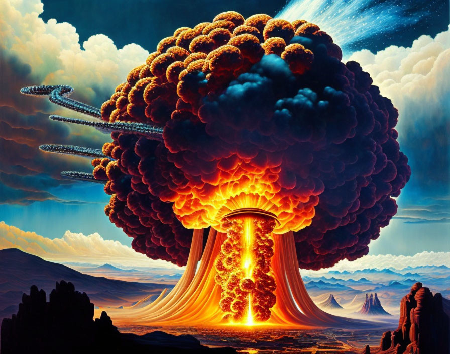 Illustration of massive nuclear explosion with mushroom cloud over dark mountains.