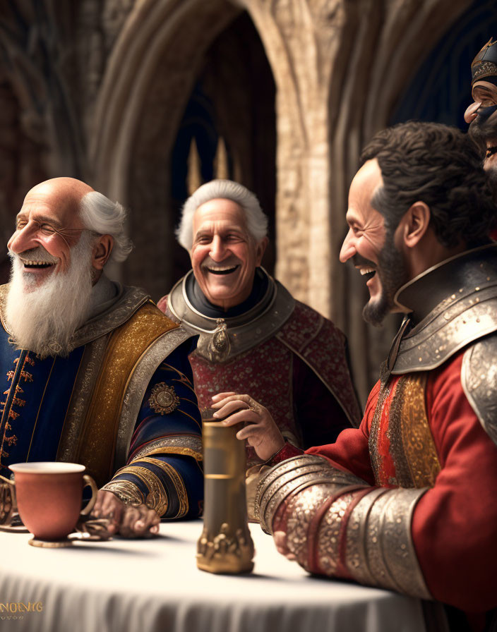 Medieval men in royal attire laughing in cathedral setting