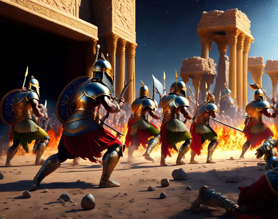 Bronze-armored ancient warriors fight in flaming ruins with Greek architecture.