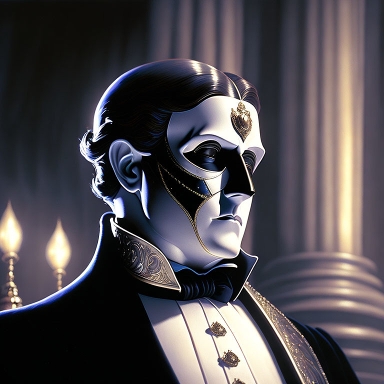 Illustrated character in black mask and formal attire with dramatic shadow.