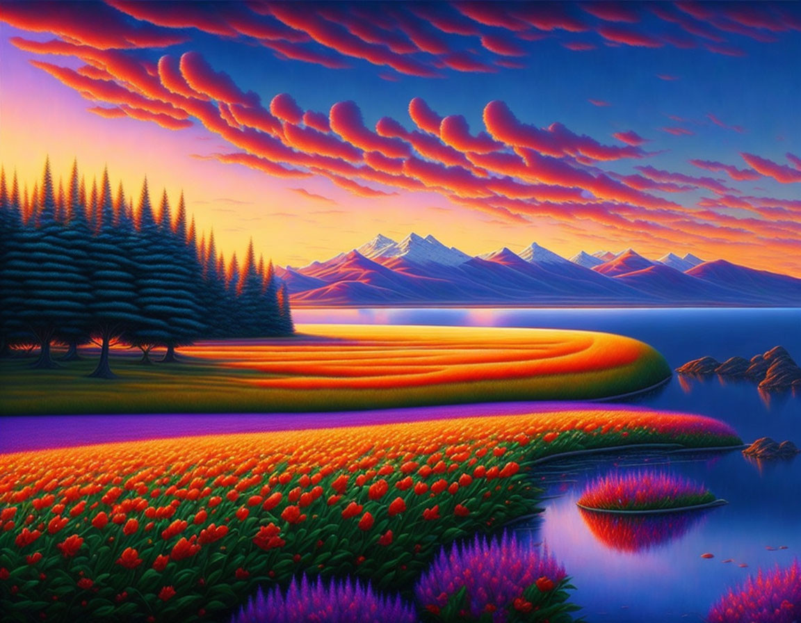 Scenic tulip field by lake with mountain range at sunset