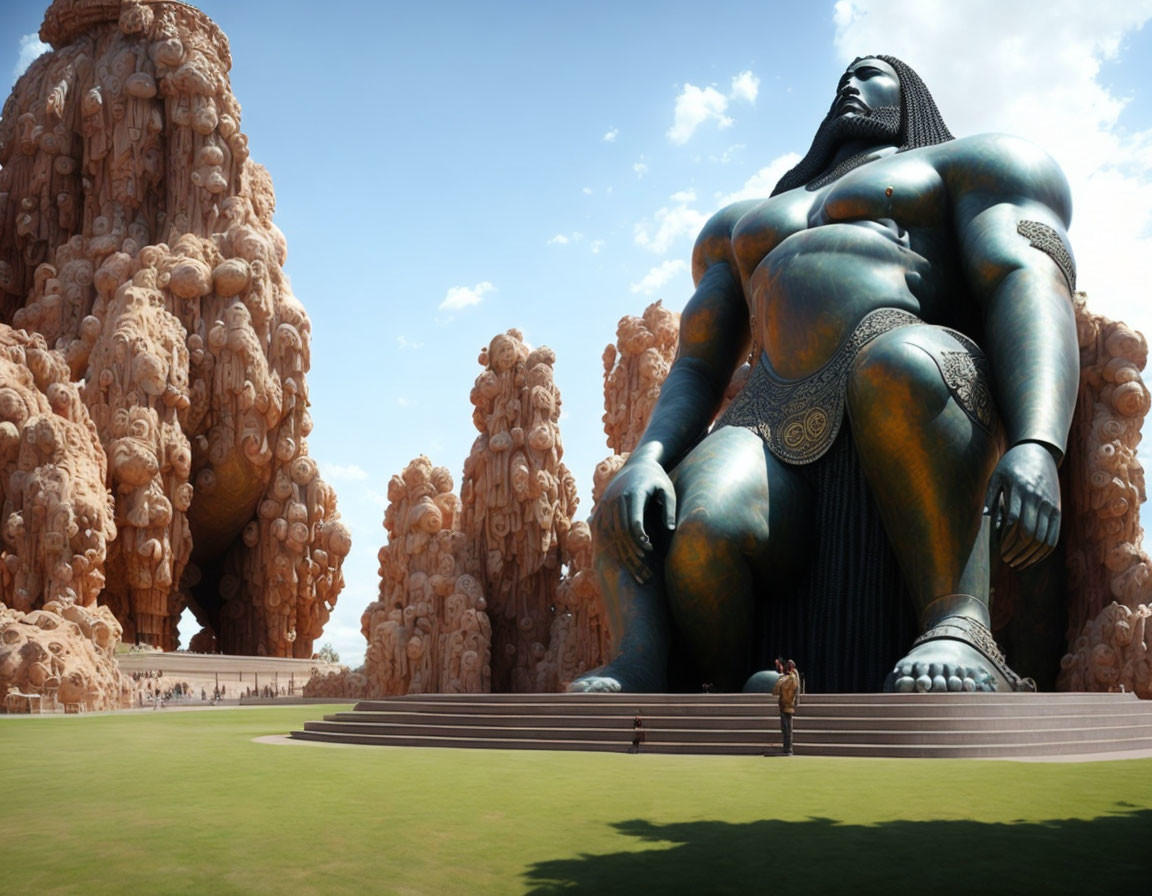 Gigantic seated figure statue with towers under clear sky