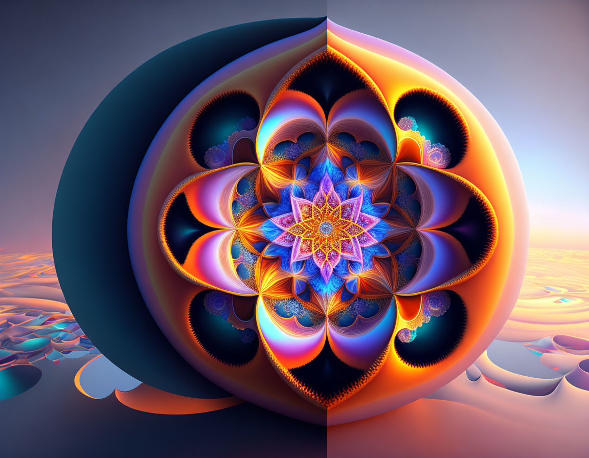 Colorful Fractal Image with Circular Symmetry and Landscape Backdrop