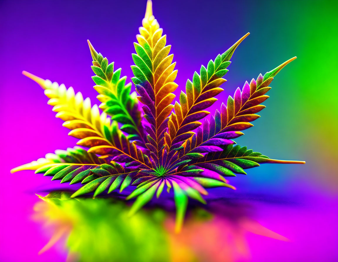 Multicolored cannabis leaf on purple-green gradient background