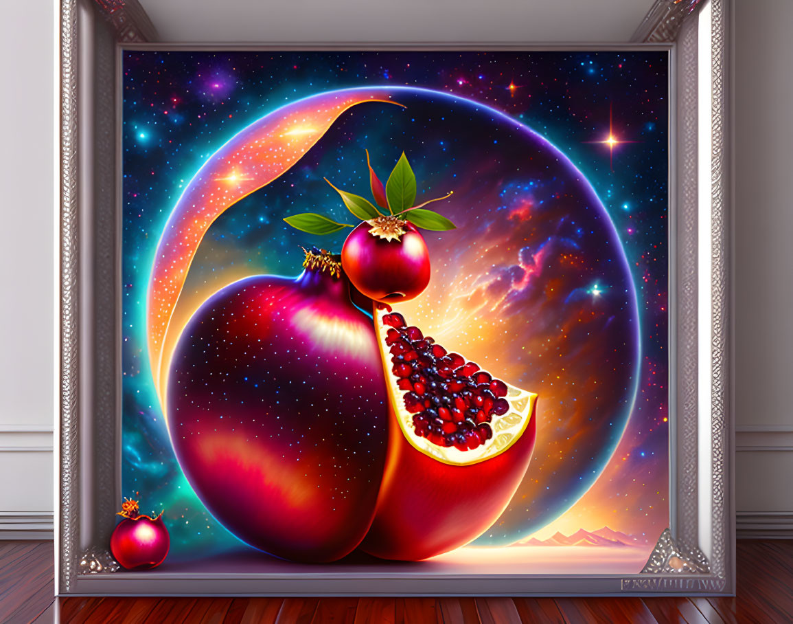 Surreal framed image of oversized pomegranate with cosmic galaxy background