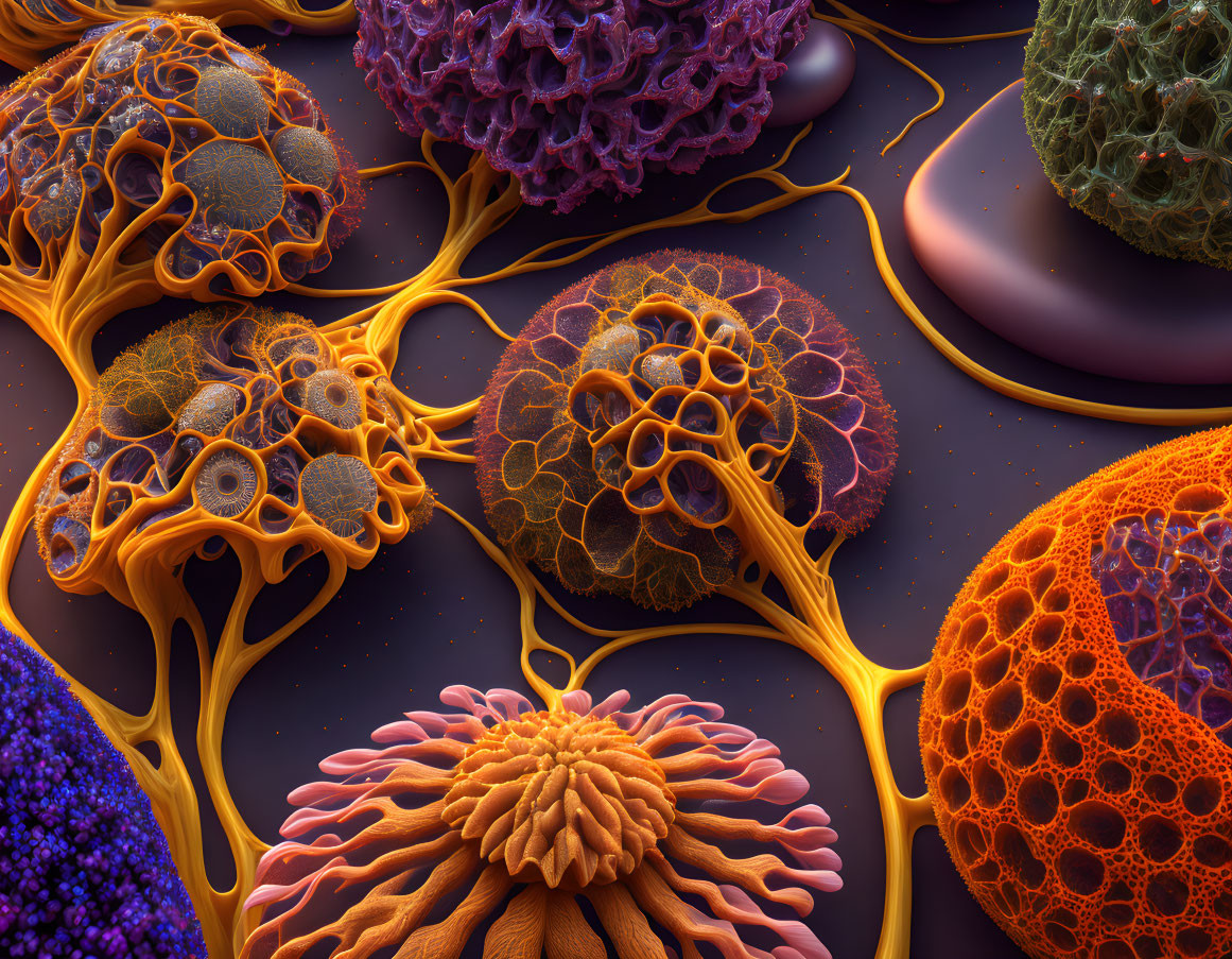 Detailed 3D illustration of colorful interconnected microscopic cells and virus particles