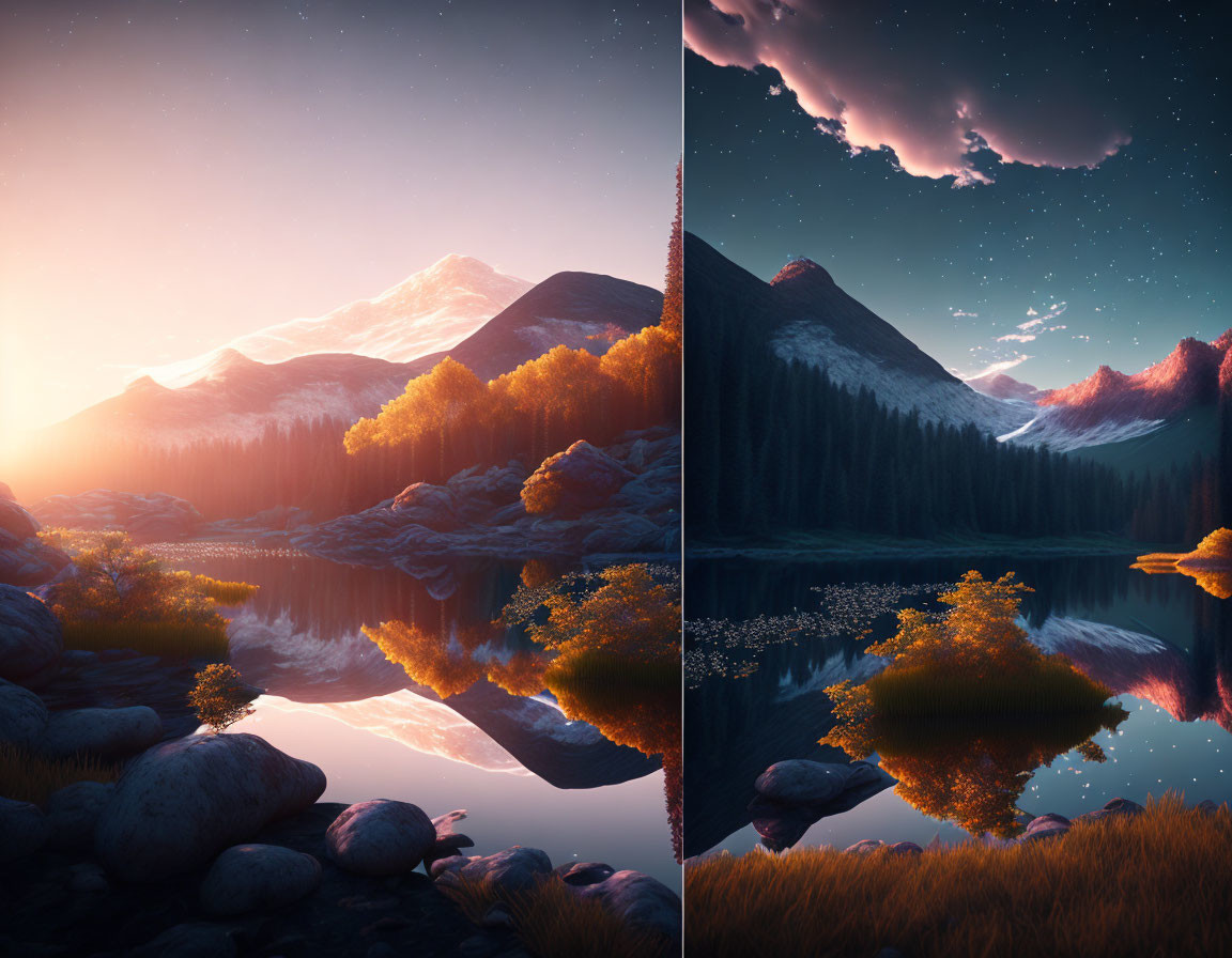 Tranquil lake with autumn trees and snowy mountains under sunset to night sky