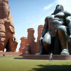 Gigantic seated figure statue with towers under clear sky