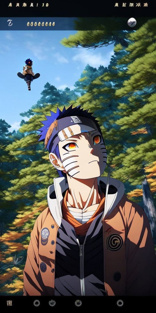 Spiky-haired anime character with leaf headband and whisker-like marks gazes up in forest