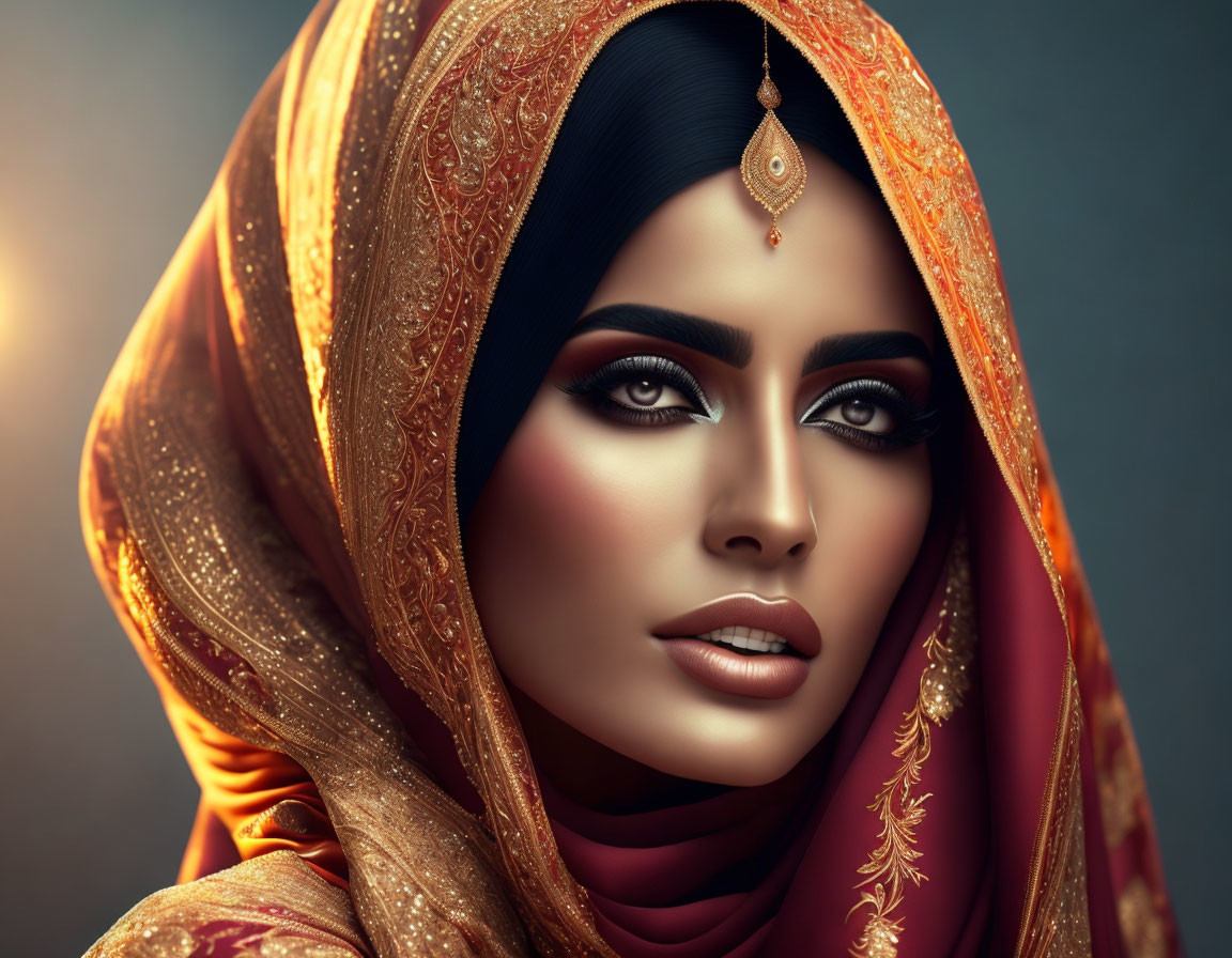 Woman with bold makeup in gold and red headscarf and teardrop maang tikka