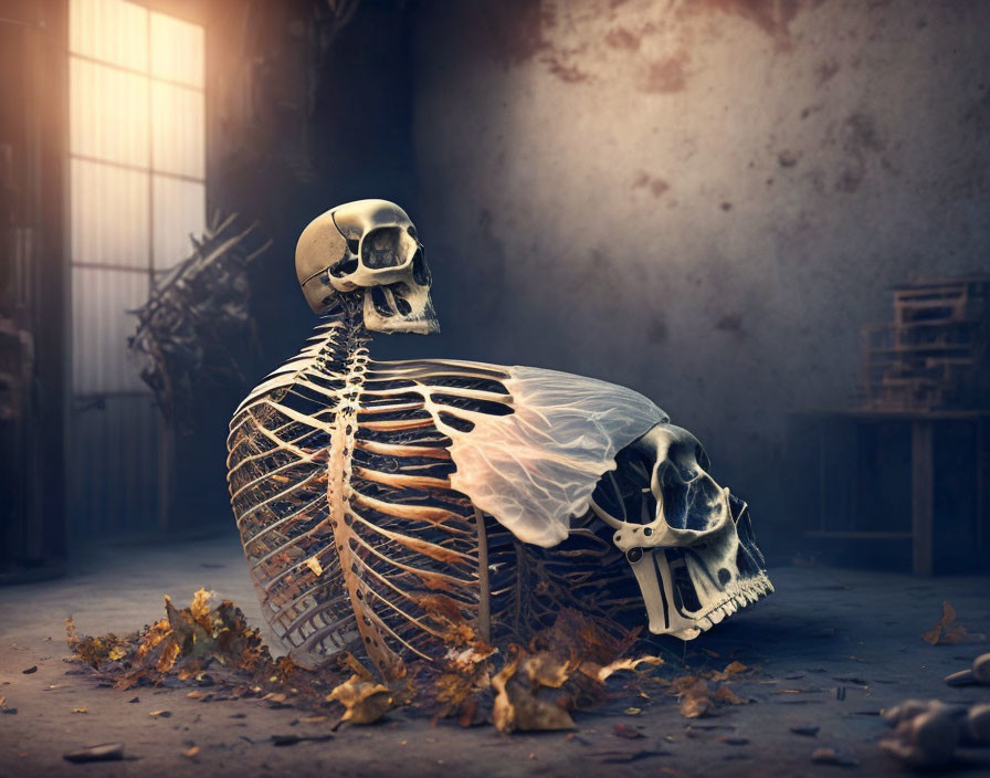 Skeleton seated against wall in dimly lit room