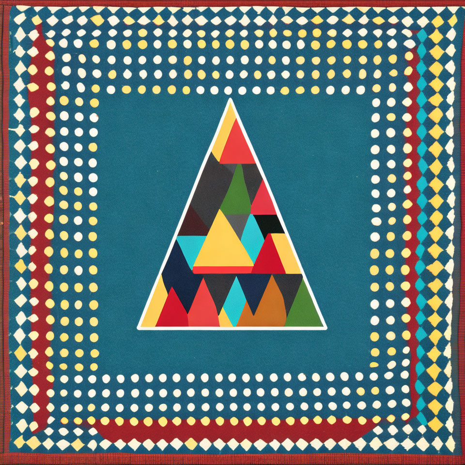 Vibrant Geometric Art: Central Triangle Surrounded by Multicolored Triangles on Patterned