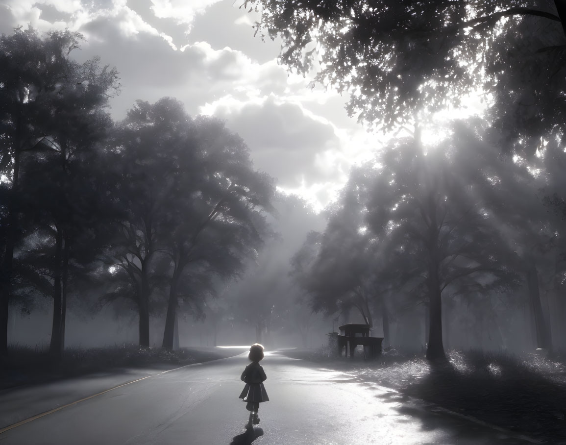 Child on misty road surrounded by trees and sunlight rays