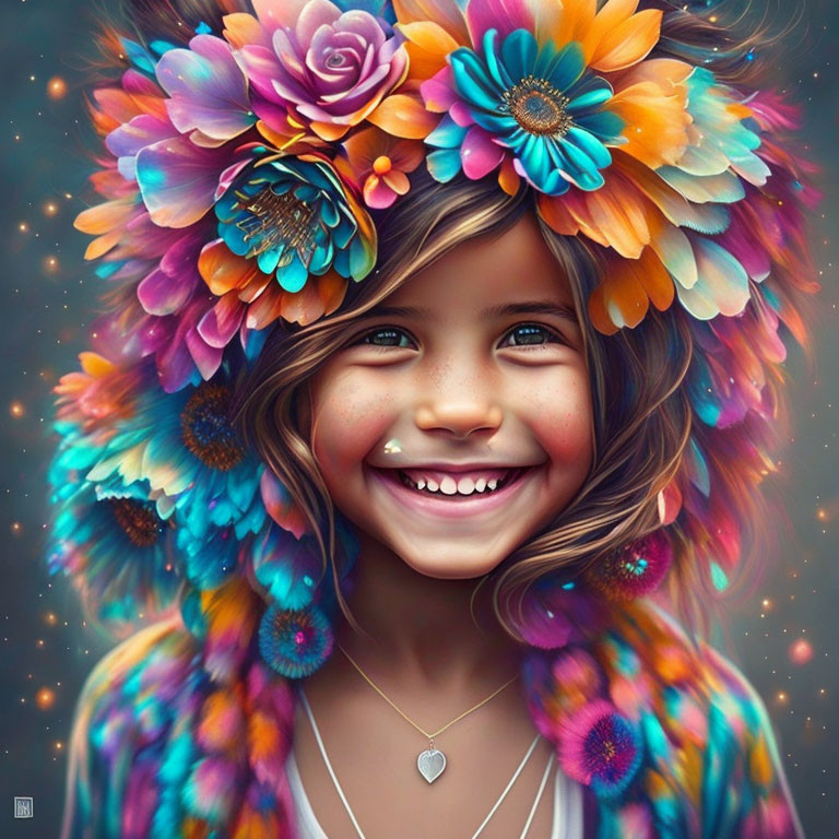 Smiling girl in colorful floral headdress on starry background