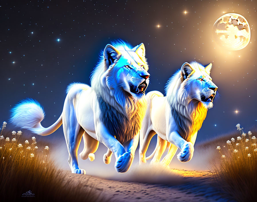 Ethereal glowing lions under starry sky with full moon