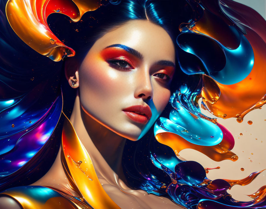 Vibrant liquid hair digital artwork with surreal glossy effect