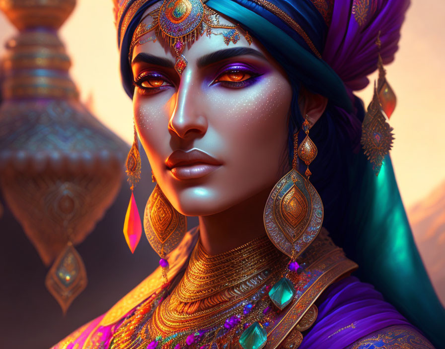 Digital artwork featuring woman with turban, ornate jewelry, glowing makeup on amber backdrop