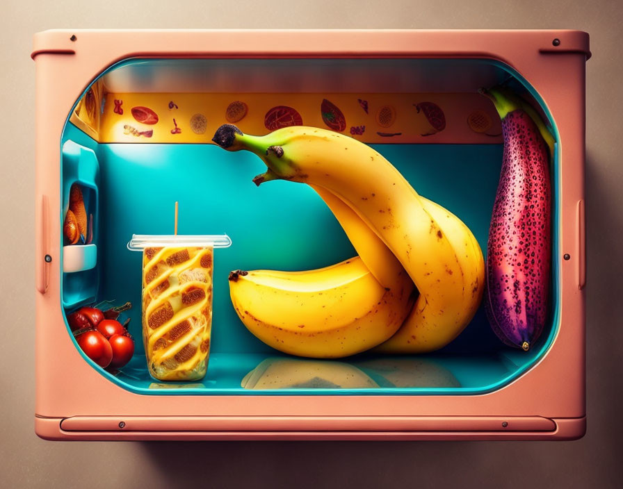 Colorful Illustration of Oversized Bananas and Various Foods in Open Fridge