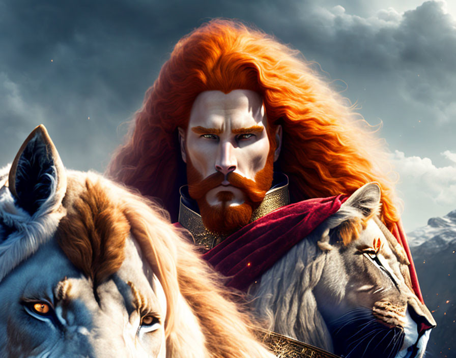 Majestic man with red mane-like hair and lions under dramatic sky