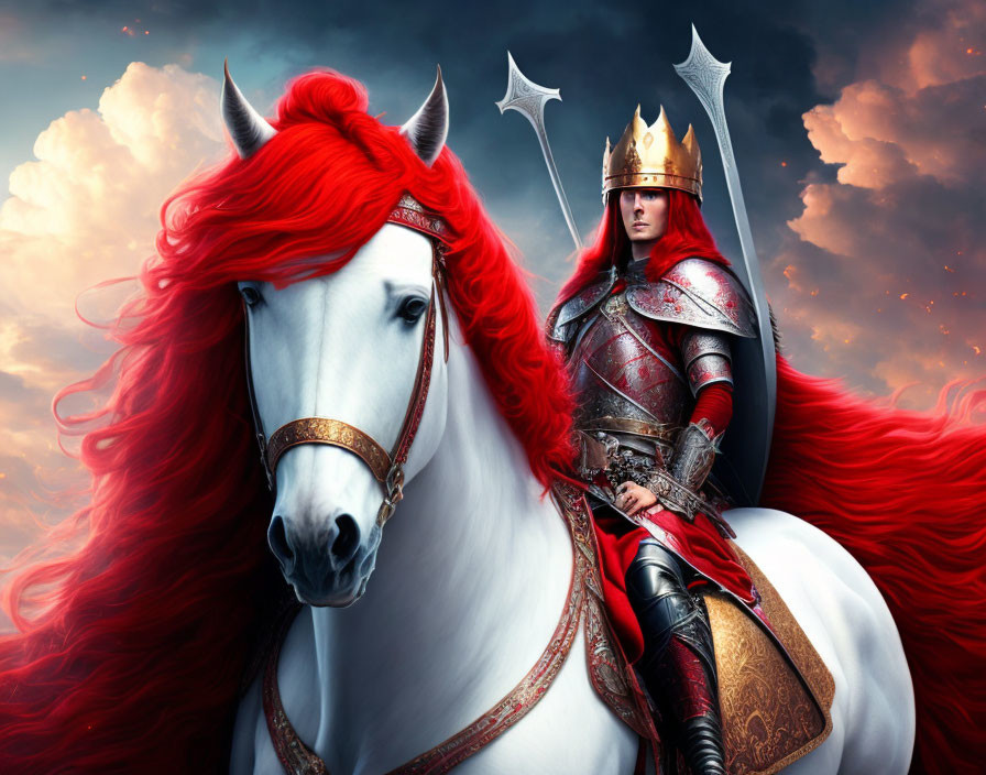 Red-armored knight on white horse under dramatic sky with hovering shurikens