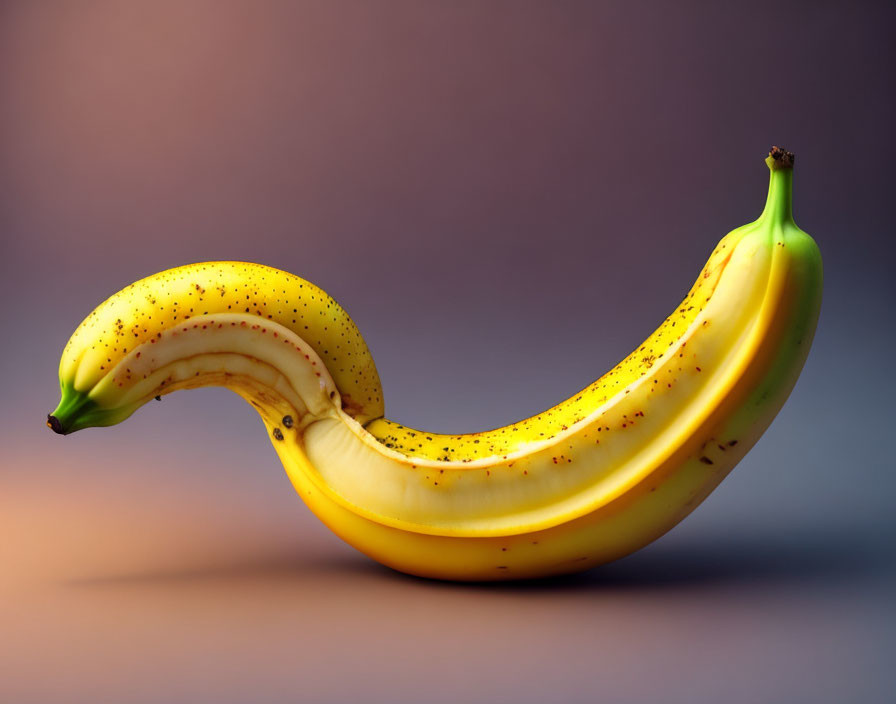 Ripe banana shaped like a duck on gradient background