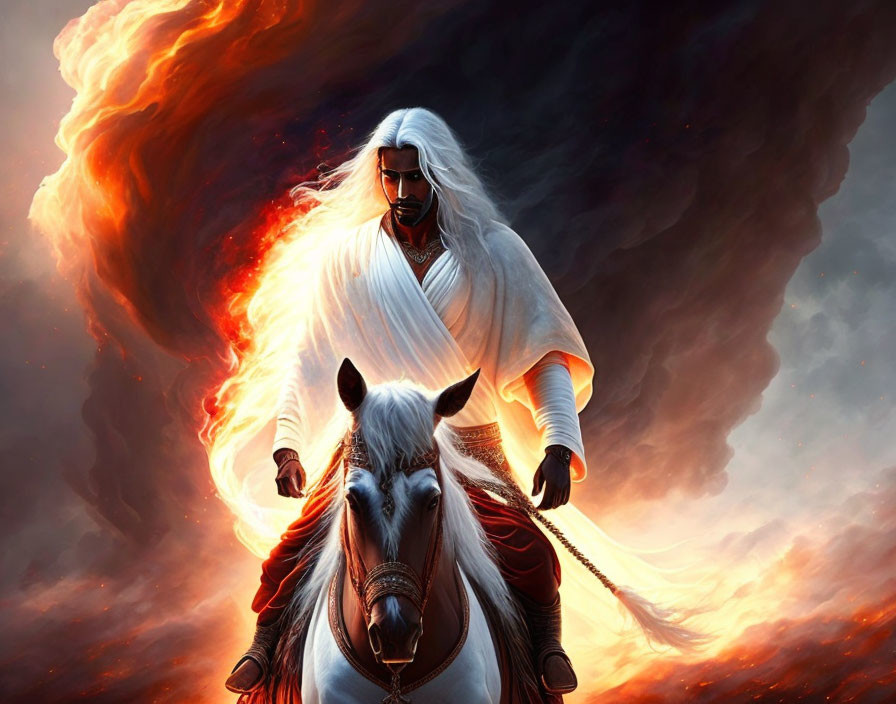 White-haired figure on white horse in dramatic fiery clouds