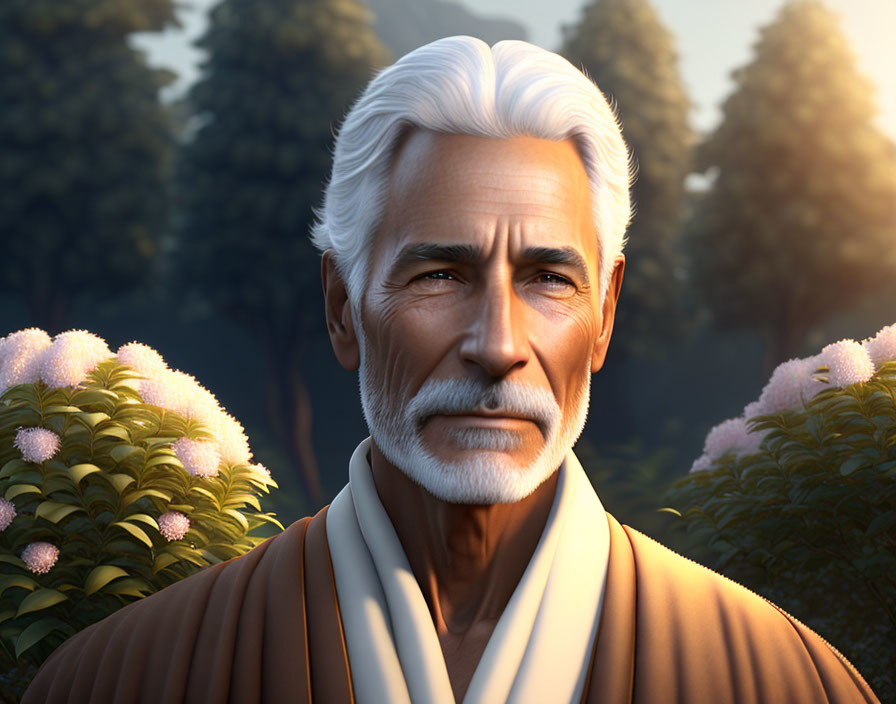 White-Haired Elderly Man in Robe Surrounded by Nature at Dusk