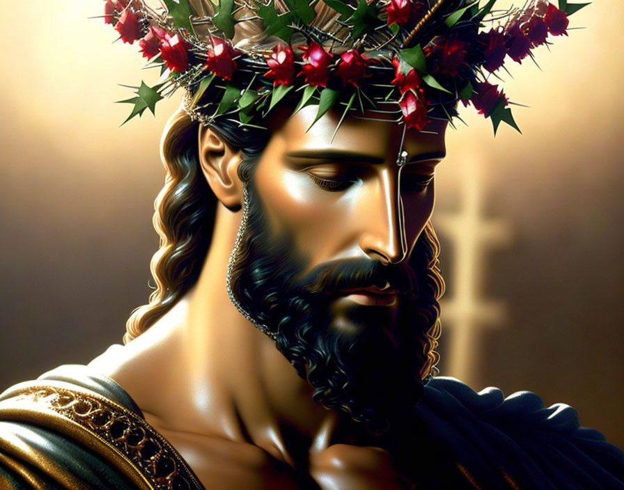 Man with Red Flower Crown, Golden Robe, Brown Hair & Beard