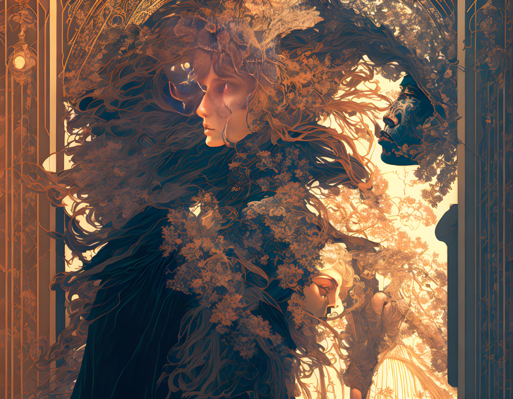 Ethereal artwork of woman with floral hair against golden architecture