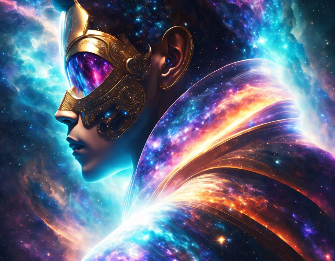 Digital artwork: Woman with ornate mask & cosmic swirls on vibrant galactic background