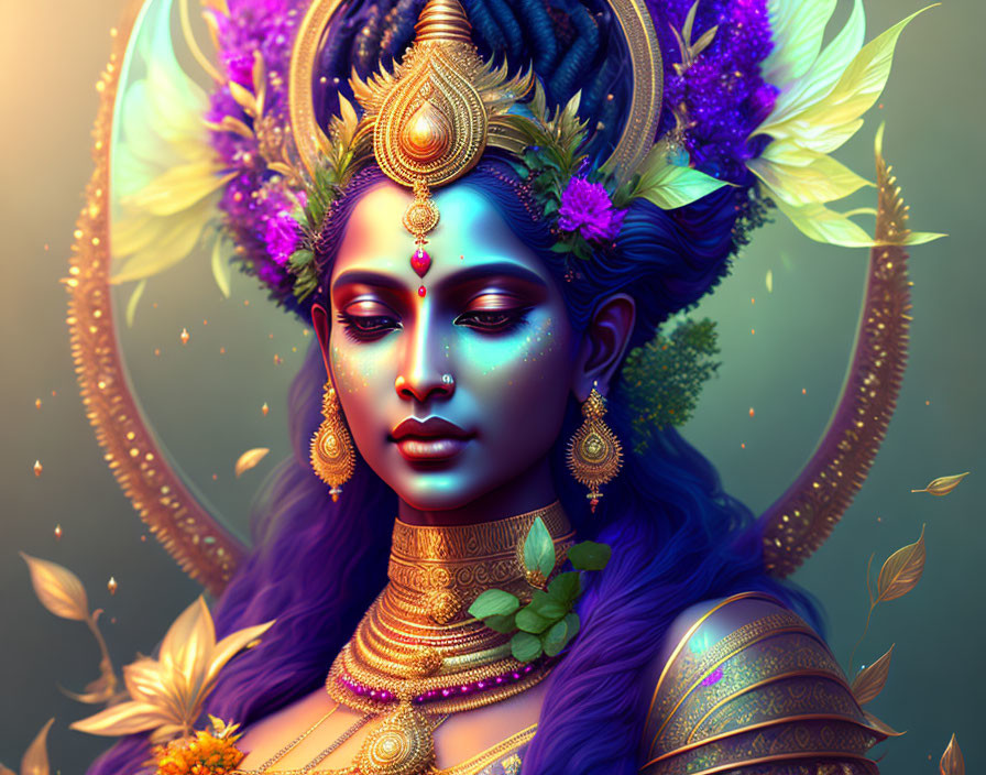 Vibrant illustration of female figure with blue skin and floral halo