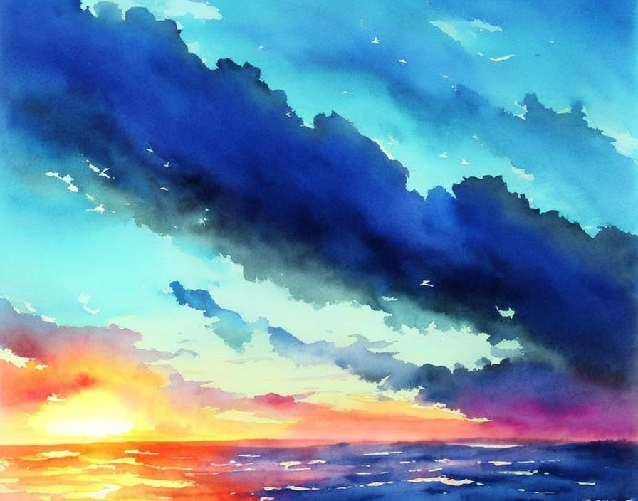 Vibrant sunset watercolor painting with blue clouds and warm sea reflection