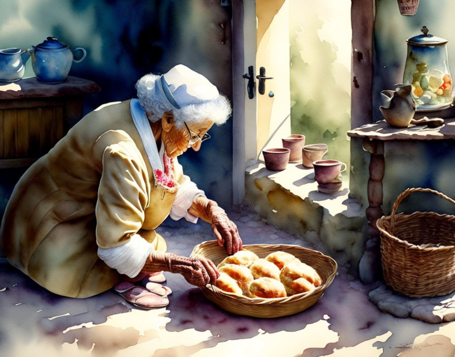 Elderly woman arranging bread in traditional kitchen setting